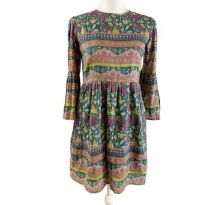 Bell by Alicia Bell Womens Nadine Dress Size XS Silk Blend Bell Sleeve Folk Art